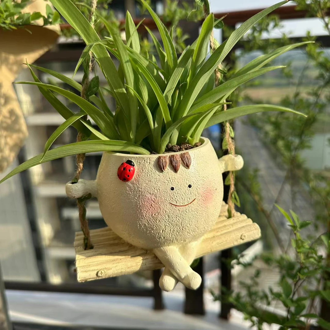 小桔的花园 笑脸花盆可爱荡秋千盆景创意挂件户外花园阳台5145