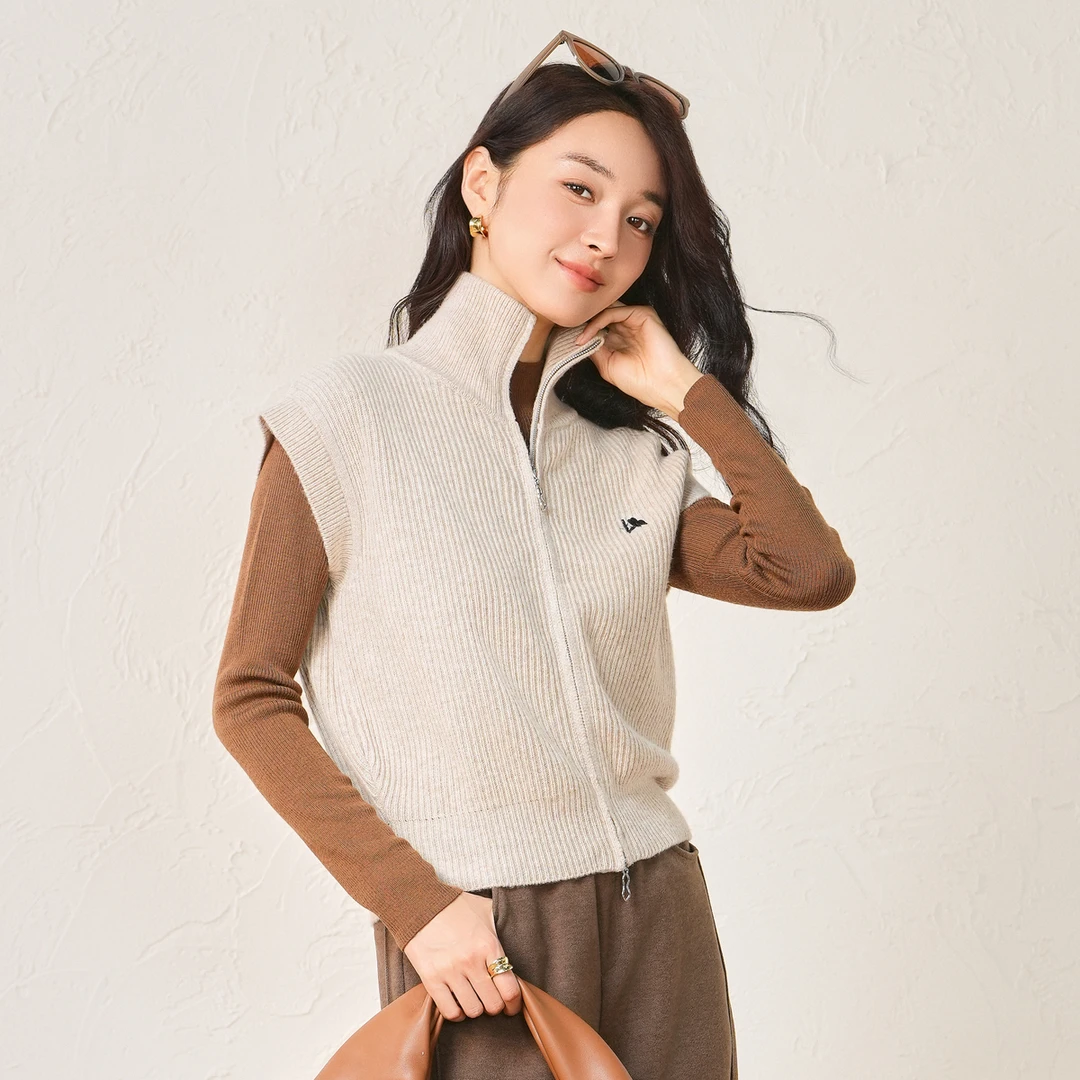春竹春季新款羊拉链马甲开衫100%绵羊毛翻领纯色小背心女上衣