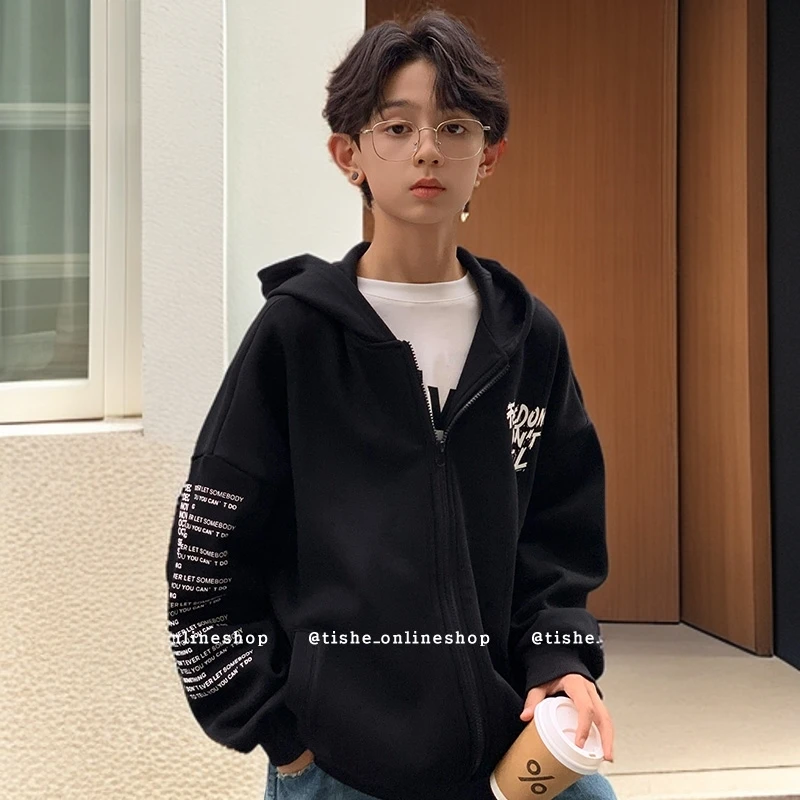 男童卫衣春秋款薄绒中大童宽松连帽加绒儿童开衫春装青少年男孩潮