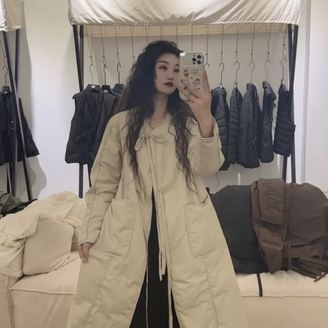 2024文艺纯色中长款白鸭绒羽绒服女冬季新款宽松圆领系带轻薄外套