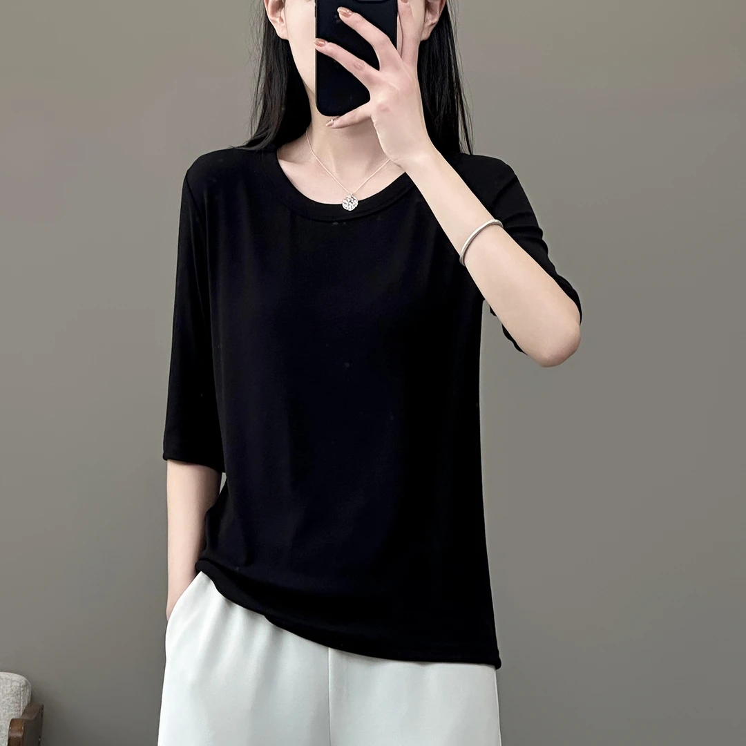 春夏简约时尚圆领细坑条高弹五分袖打底气质百搭文艺短袖T恤女装