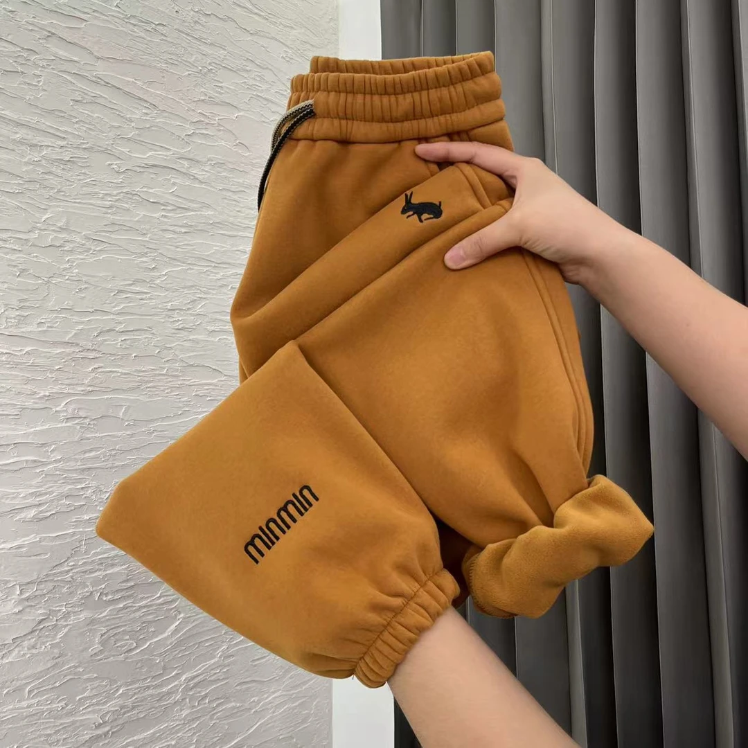 2024小兔子加绒时尚洋气束脚休闲高腰宽松显瘦哈伦裤刺绣保暖卫裤