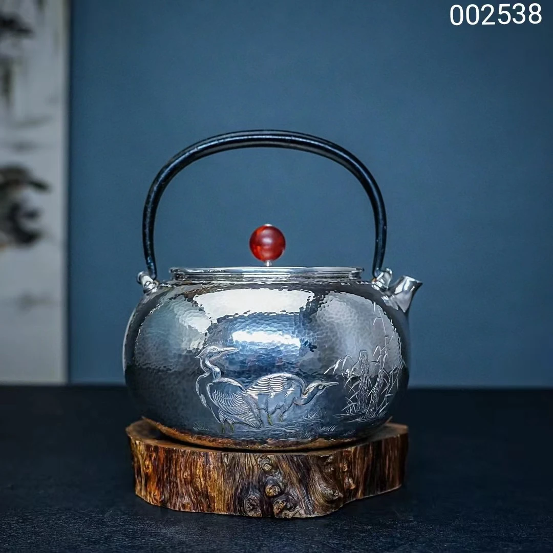 【慕雨手作】纯手工一张打錾刻白鹭烧水壶家用银壶足银999银茶具