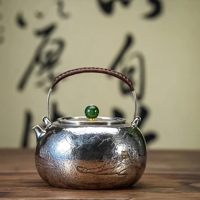 【慕雨手作】纯手工錾刻山水重器烧水壶 家用 大容量煮水足银999