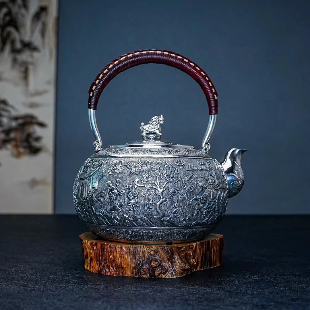 【慕雨手作】纯手工高工錾刻琴棋书画烧水壶家用银壶足银999银茶具