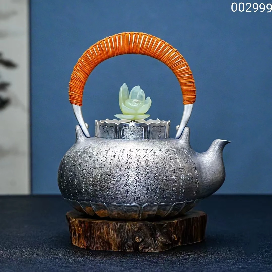 【慕雨手作】纯手工一张打口耳一体莲花心经烧水壶家用银壶足银999