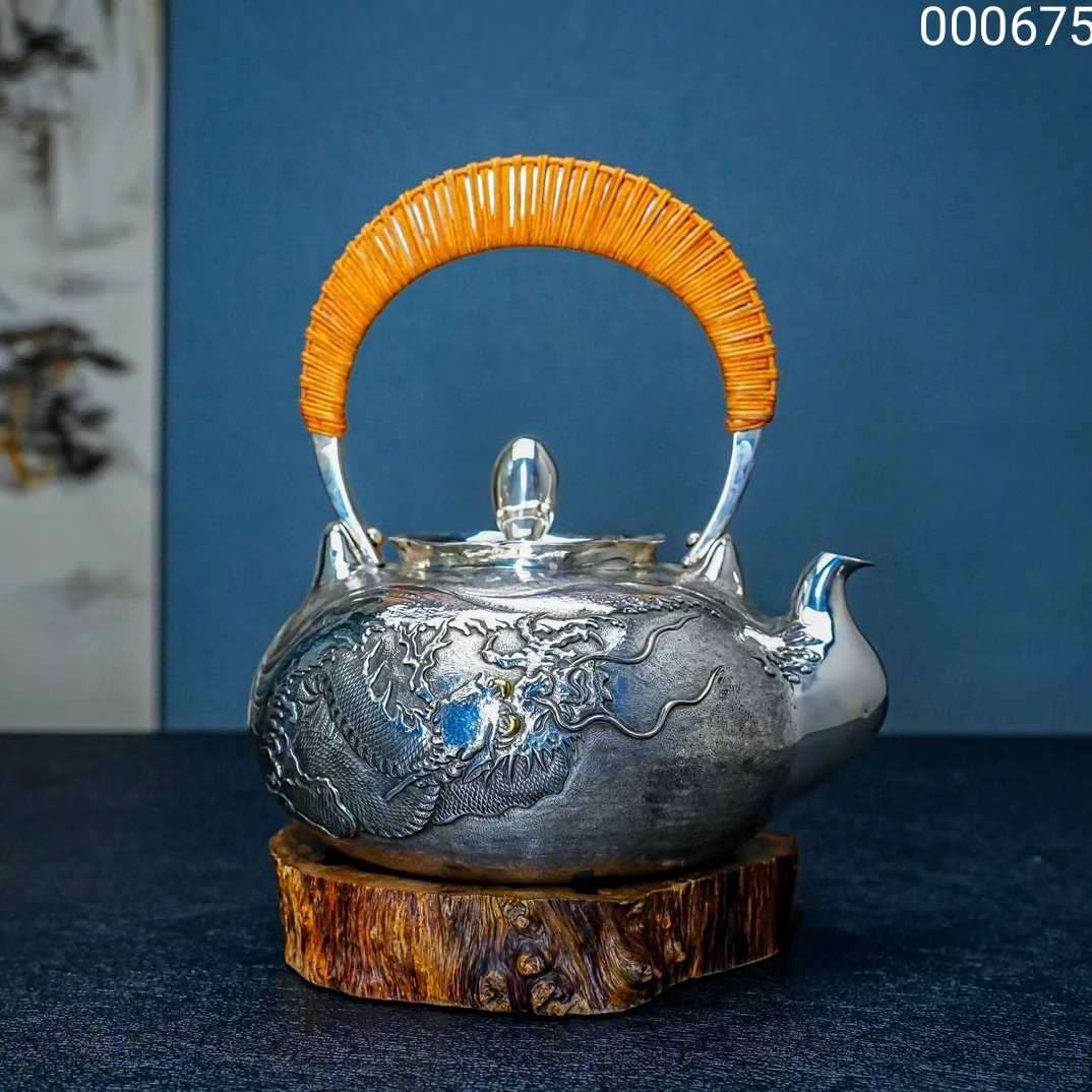 【慕雨手作】足银999烧水壶 纯手工口耳一体云中龙款煮水壶高端银壶