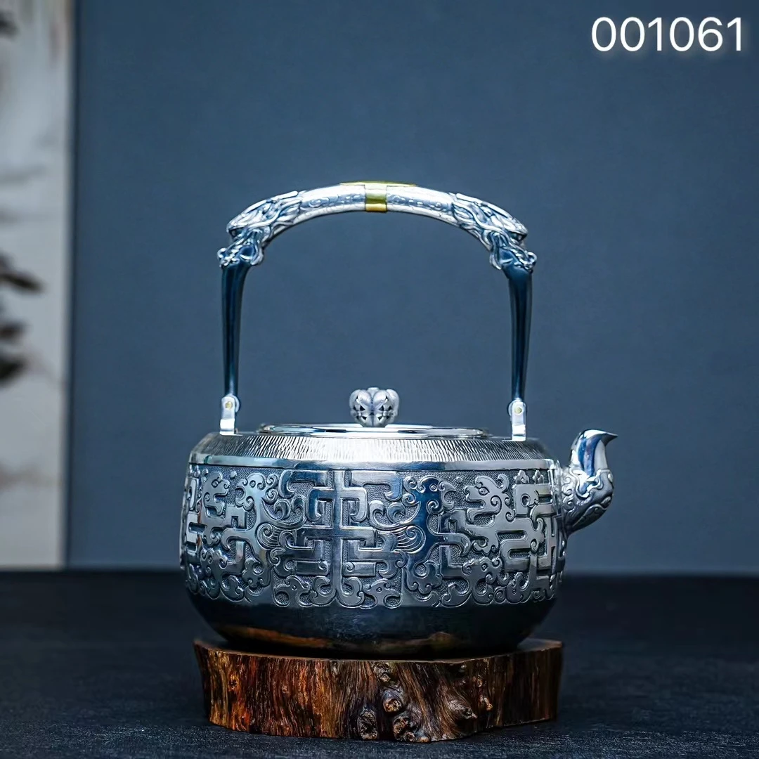 【慕雨手作】纯手工一张打饕餮纹高端银壶足银999烧水壶家用