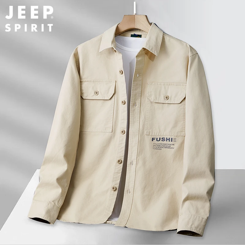 JEEP吉普春秋季男士长袖衬衫外套百搭休闲宽松纯棉工装多口袋衬衣