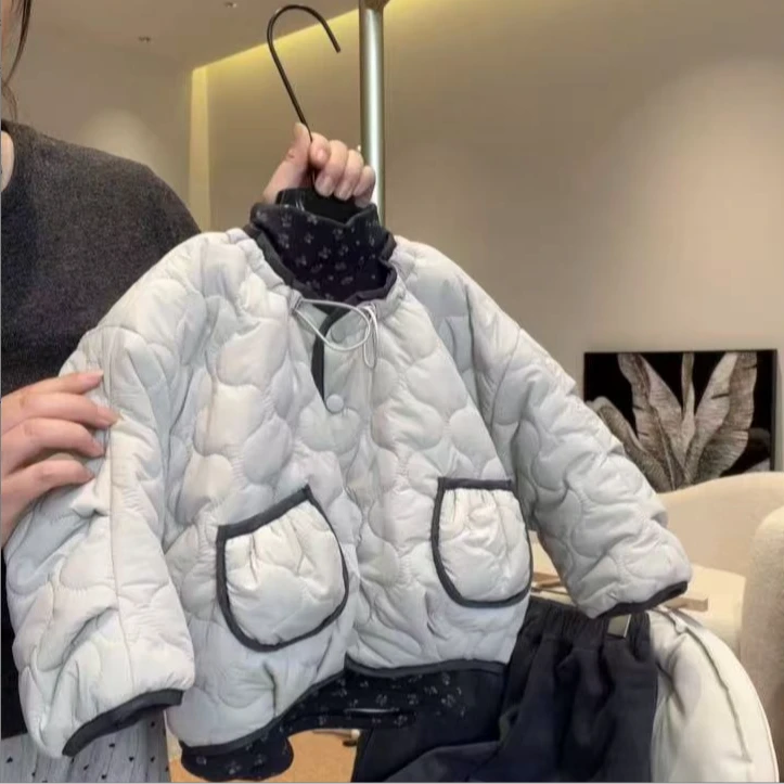 韩版秋冬设计师款满绣绗棉夹棉棉衣时尚外套加绒碎花打底裤子