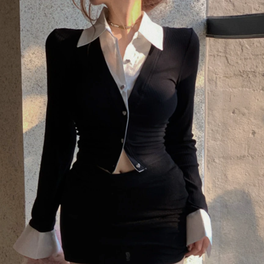 假两件长袖衬衫女春秋新款辣妹设计感小众气质修身显瘦短款上衣潮