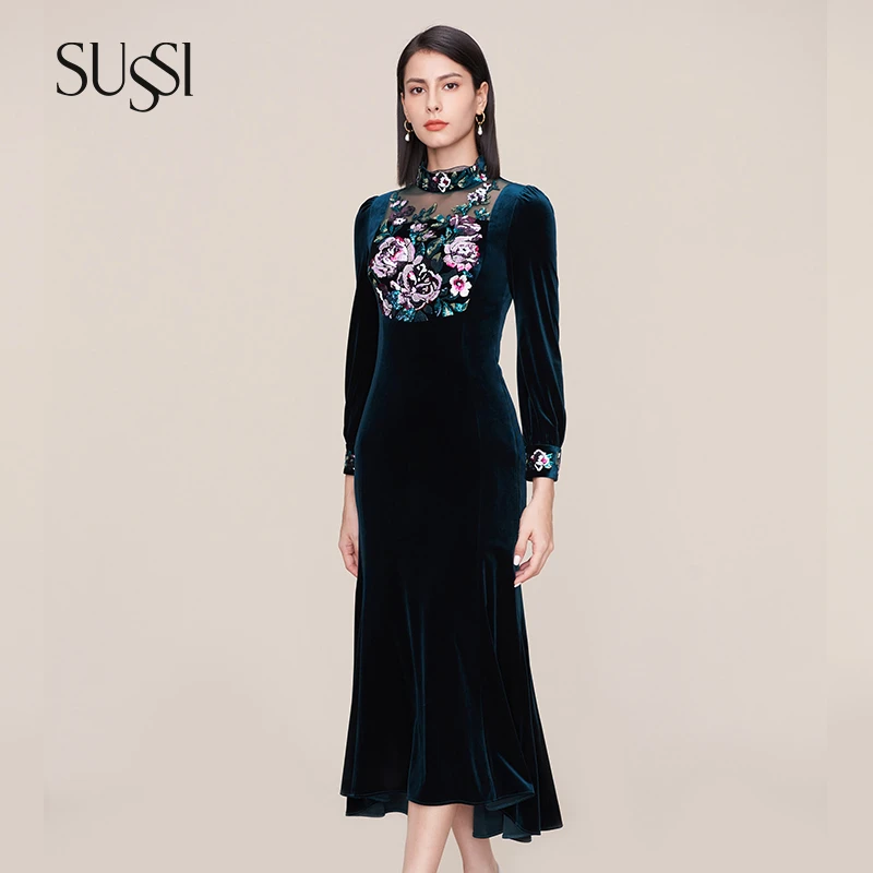 SUSSI/古色秋季新品商场同款墨绿色立领刺绣连衣裙11AV3060851