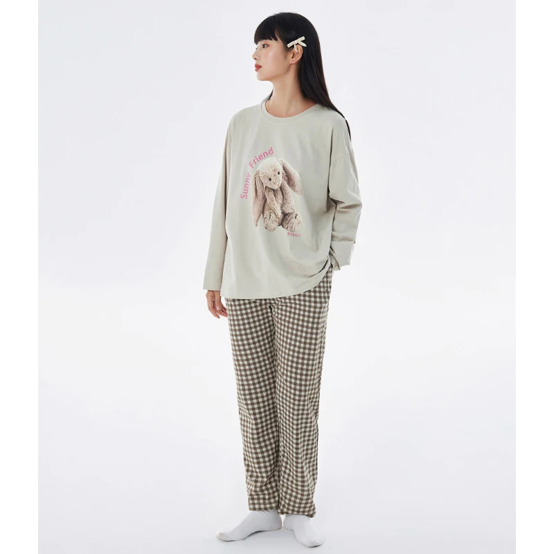 【长耳兔子】睡衣长袖休闲时尚圆领格子印花早秋家居服33157