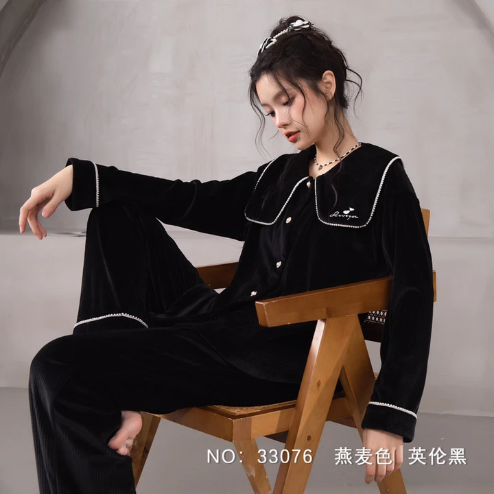 英伦女士加绒家居服保暖秋冬季时尚气质睡衣33076
