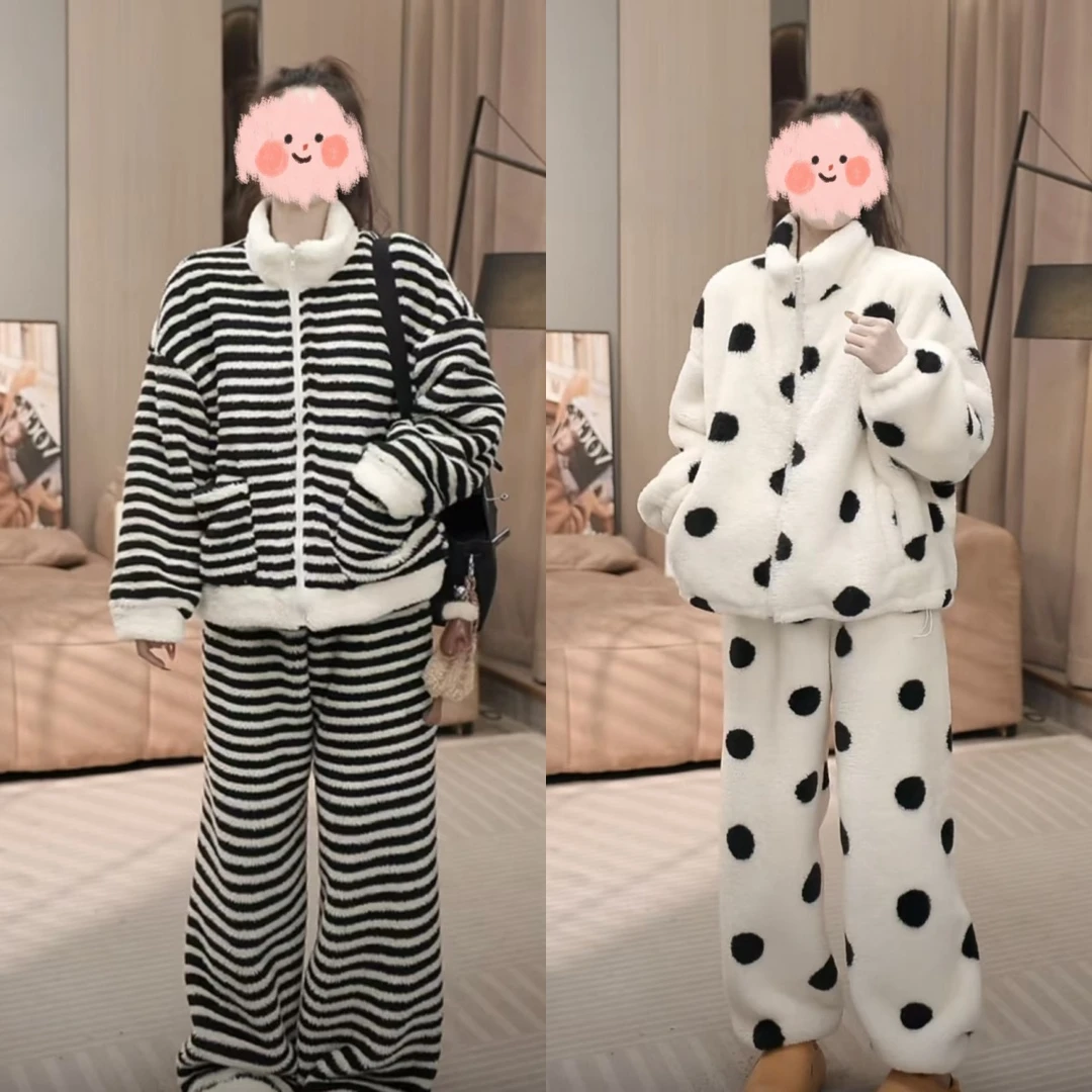 冬装上新韩版时尚简约条纹波点洋气冬季加绒加厚睡衣家居服套装