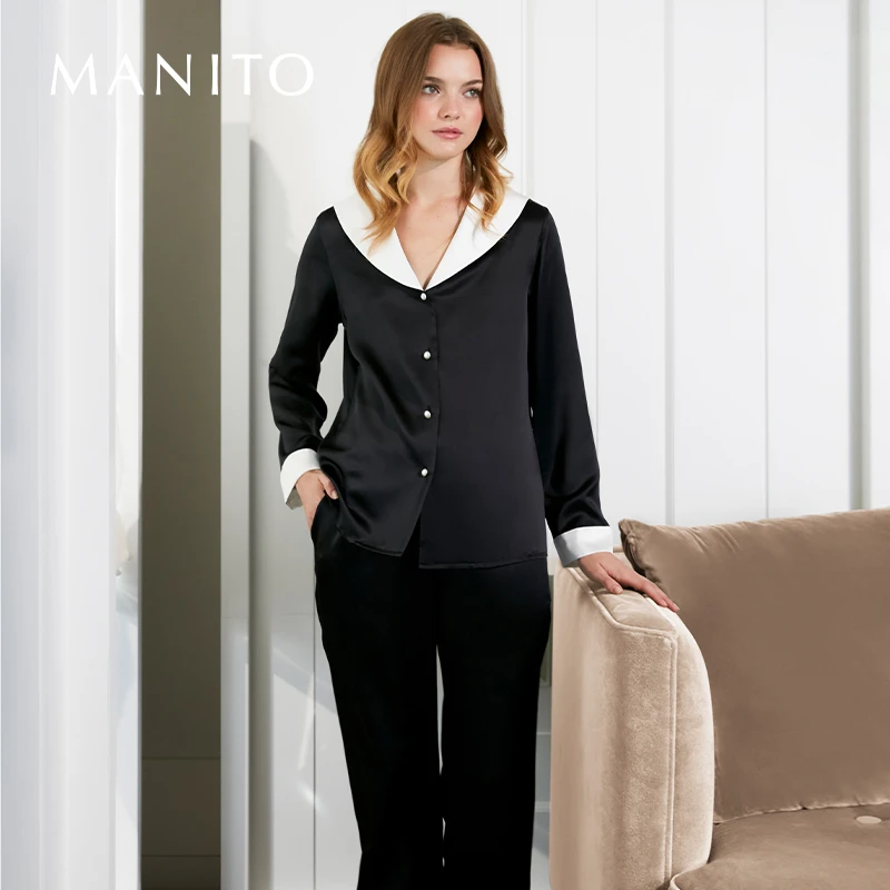 MANITO Calla 睡衣套装桑蚕丝家居服复古大翻领