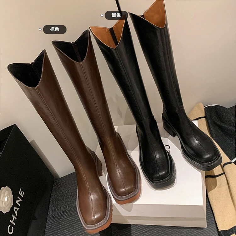 5.5cm/头层牛皮2024年新款粗跟真皮高筒靴舒适百搭方头骑士靴长靴