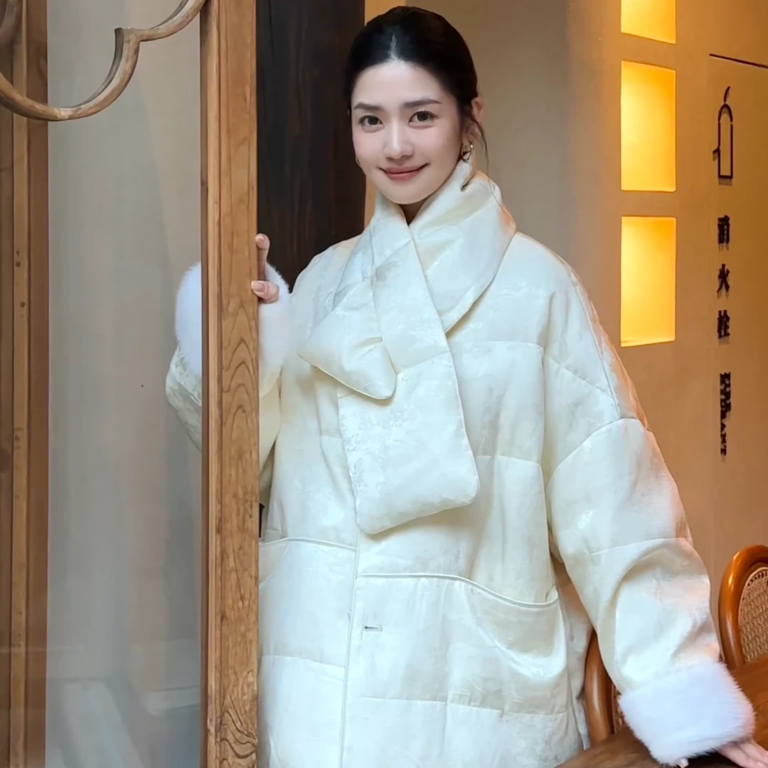 【浮生若梦】极简新中式国风提花围脖领水貂毛鹅绒羽绒服外套女