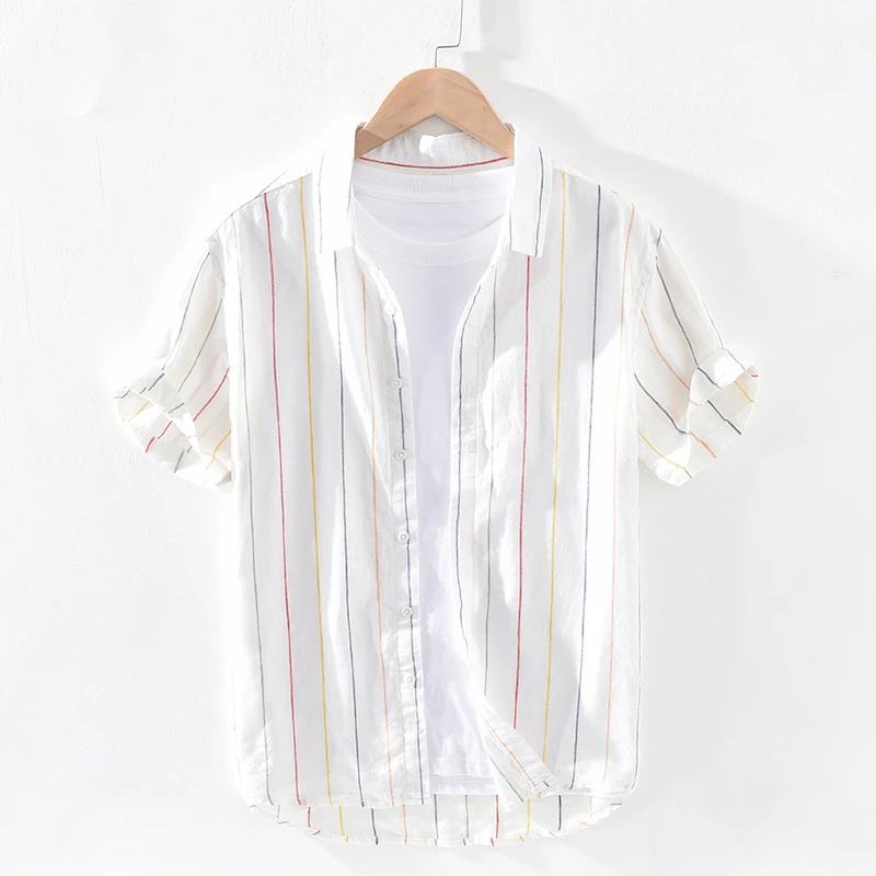 极麻小清新条纹休闲短袖亚麻衬衫男士日常夏季宽松棉麻衬衣