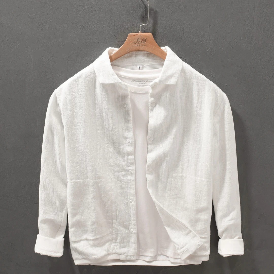 极麻秋季复古休闲棉麻夹克长袖亚麻男士宽松衬衫男衬衣日系