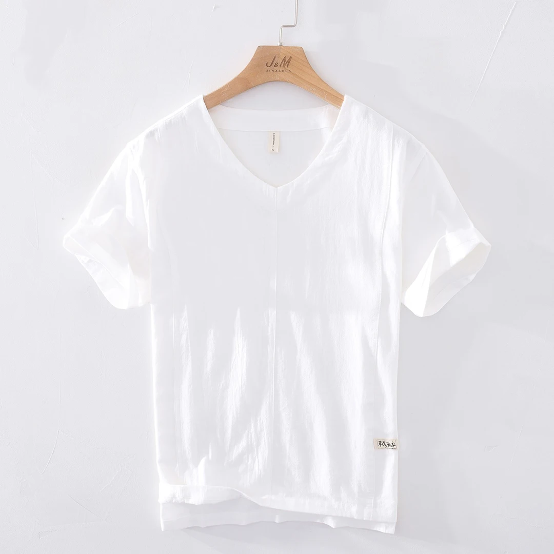 清泉清新V领休闲短袖棉麻T恤男士宽松百搭文艺亚麻汗衫潮