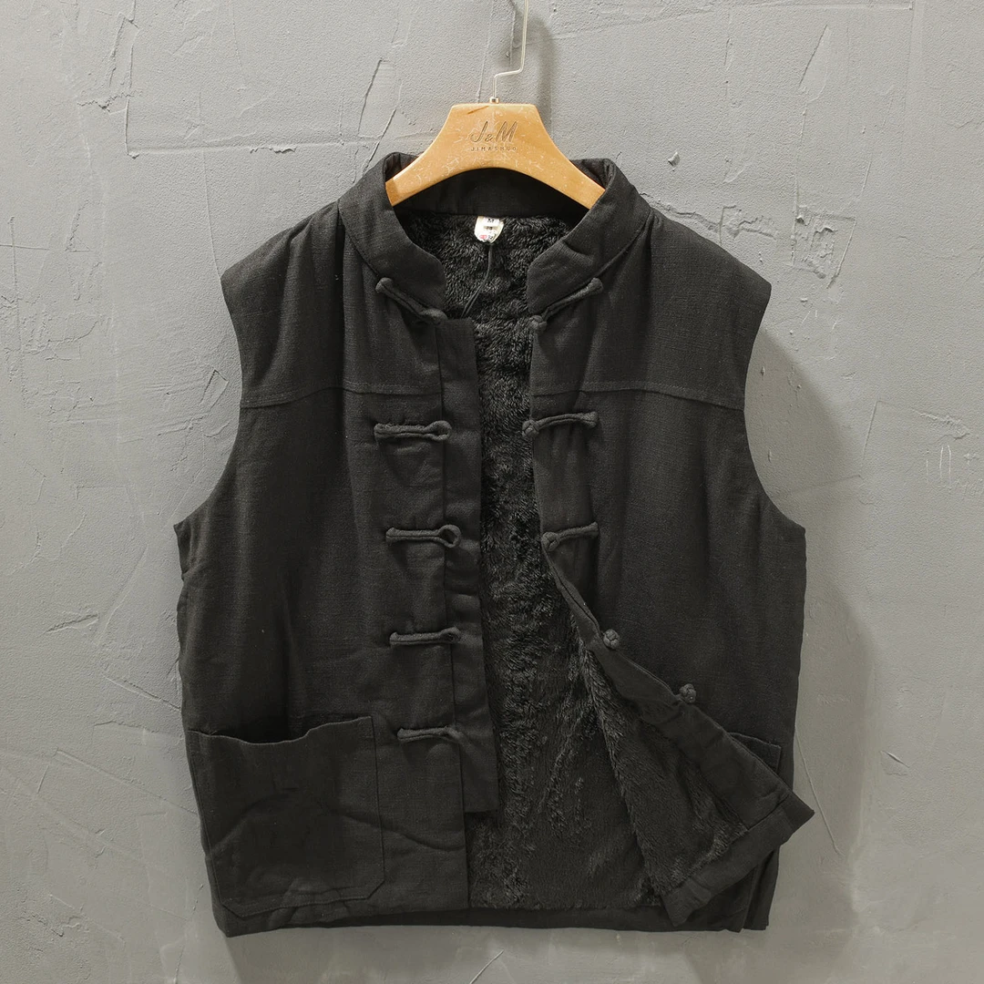 加绒马甲国风立领盘扣加绒保暖棉麻马甲男士复古休闲宽松百搭中式