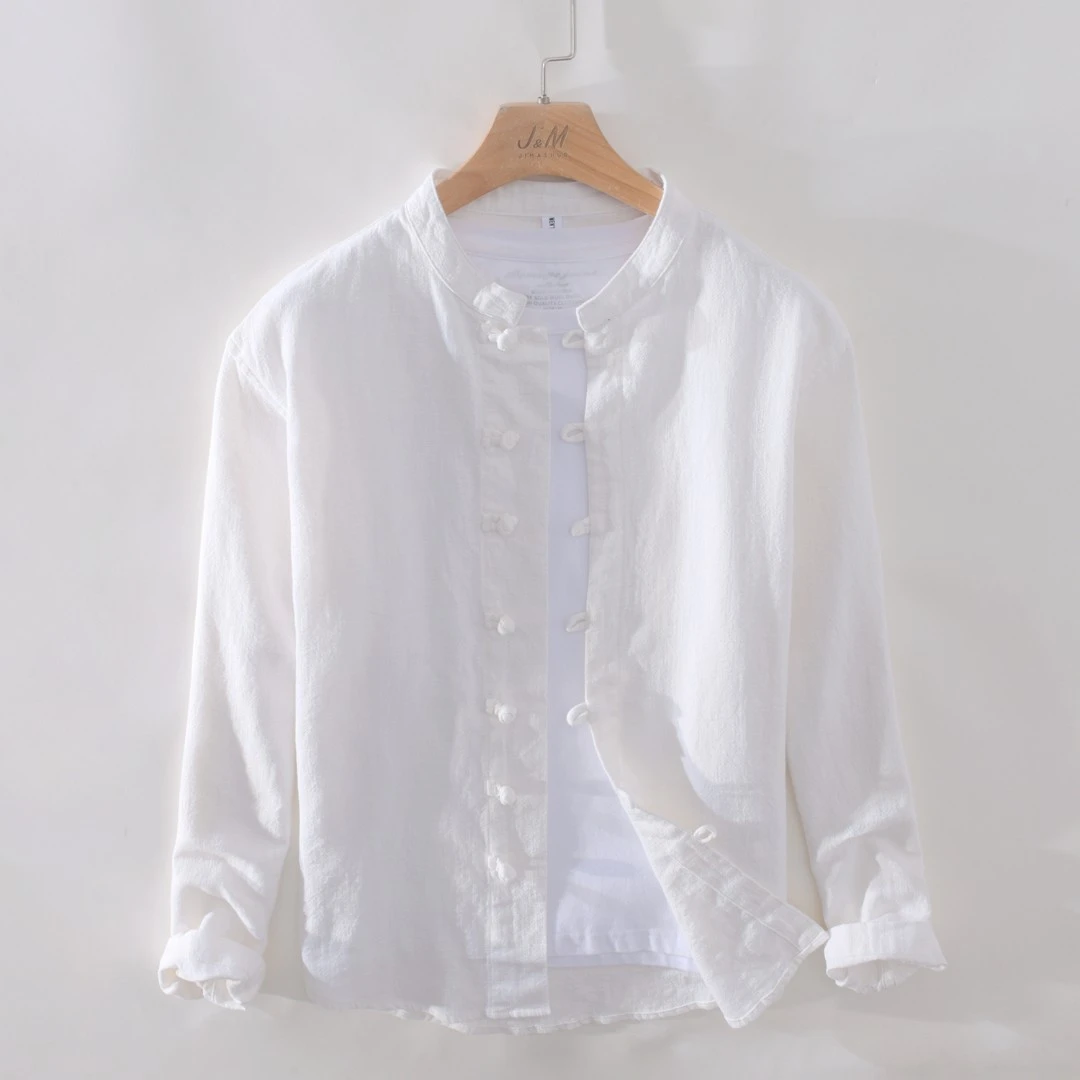 男长袖衬衫中式男衬衫复古宽松百搭白色纯色立领薄款