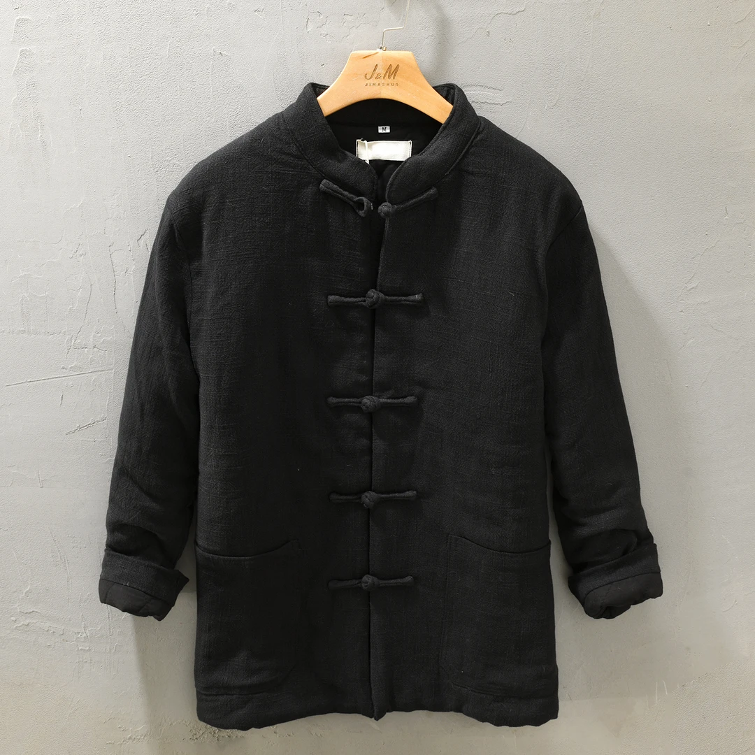 对襟短棉衣盘扣国潮苎麻保暖棉麻休闲棉衣男士青年立领亚麻外套