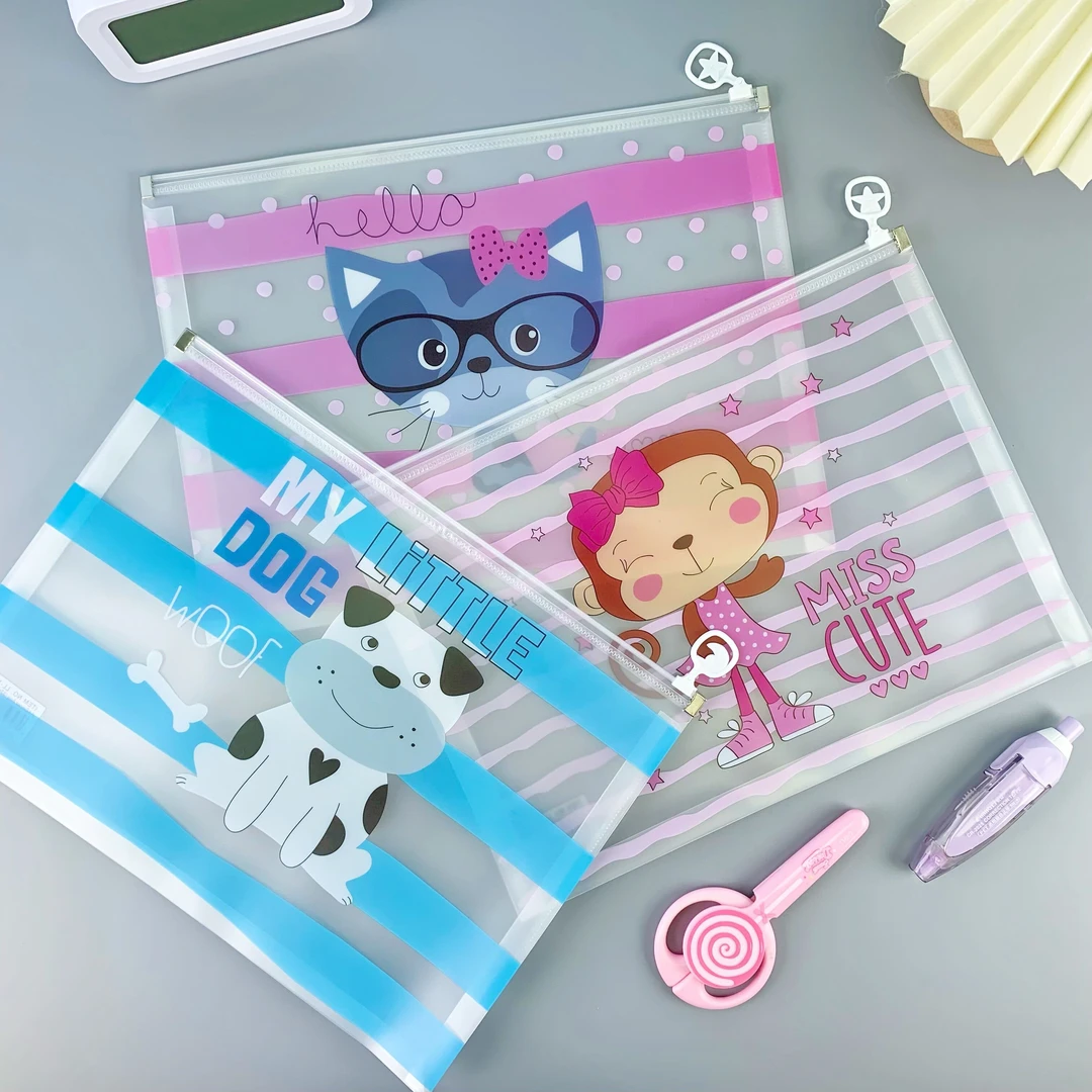 可爱A4文件袋拉链式透明磨砂防水收纳袋学生作业资料科目分类袋