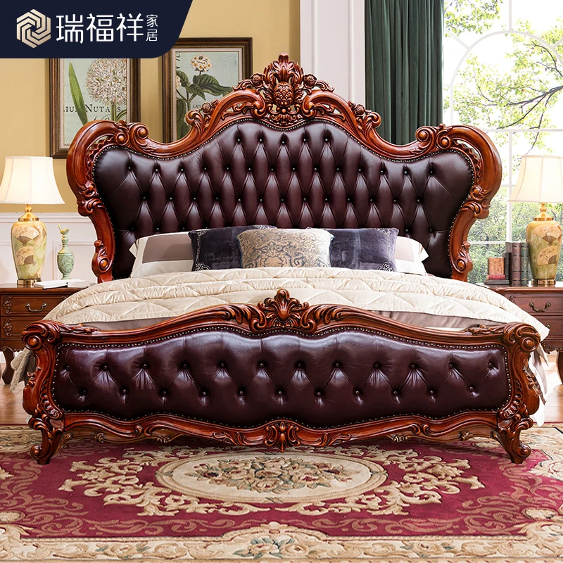 瑞福祥高端欧式实木真皮床主卧大床1.8米别墅美式软包婚床B506