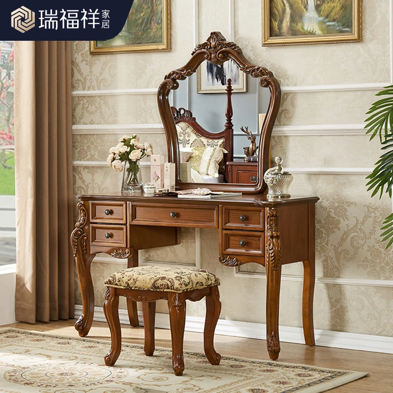 美式实木梳妆台镜组合1/1.2/1.3米欧式主卧化妆台桌E242