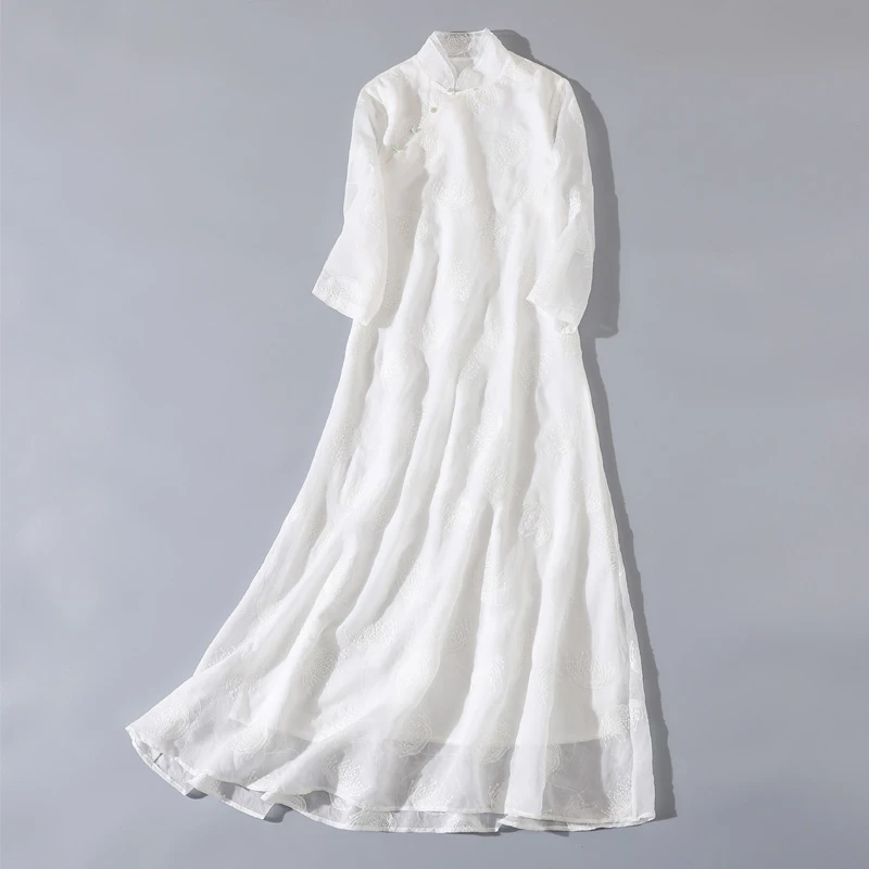 【雅芝】新中式禅意佛系女装白色仙气汉服改良连衣裙天丝绣花禅茶服