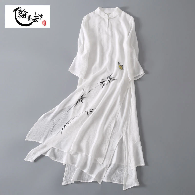 【蝶恋花】2024夏季新款仙气茶服裙中式立领禅服女手绘古风连衣裙