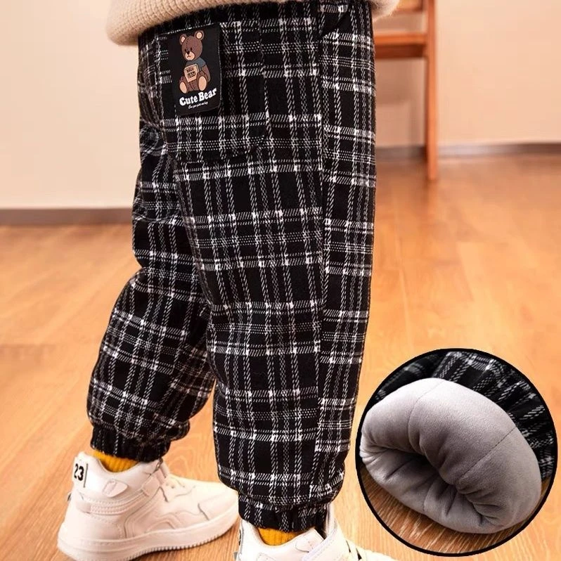一条过冬儿童加绒格子裤三层加厚夹棉裤女童男童男宝宝外穿冬季潮