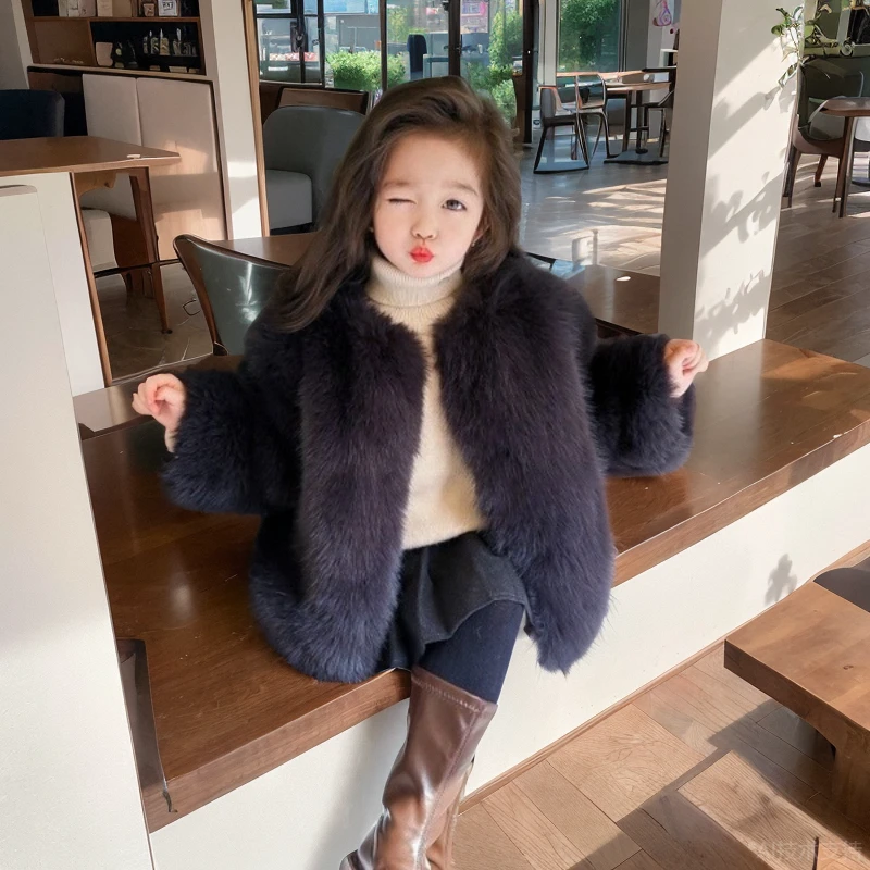 女童狐狸毛仿皮草外套宝宝冬装新款女孩毛毛外套加绒加厚高级感