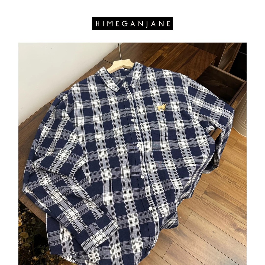 HIMEGANJANE 100棉美式复古慵懒风刺绣格子长袖衬衫 11437