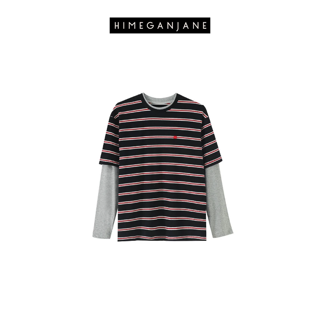 HIMEGANJANE 100棉假两件圆领条纹T廓形宽松韩版长袖T111006