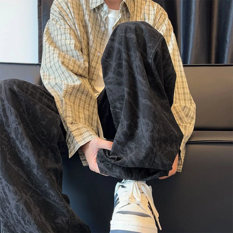 灯芯绒裤子男秋冬长裤潮流长裤美式扎染宽松直筒卫裤复古休闲痞帅