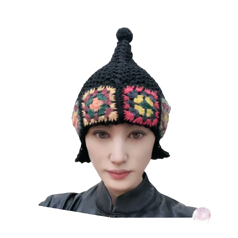 美雅家麻线手工编织钩织民族风复古棉麻蒙古帽手工织翻花帽子针织