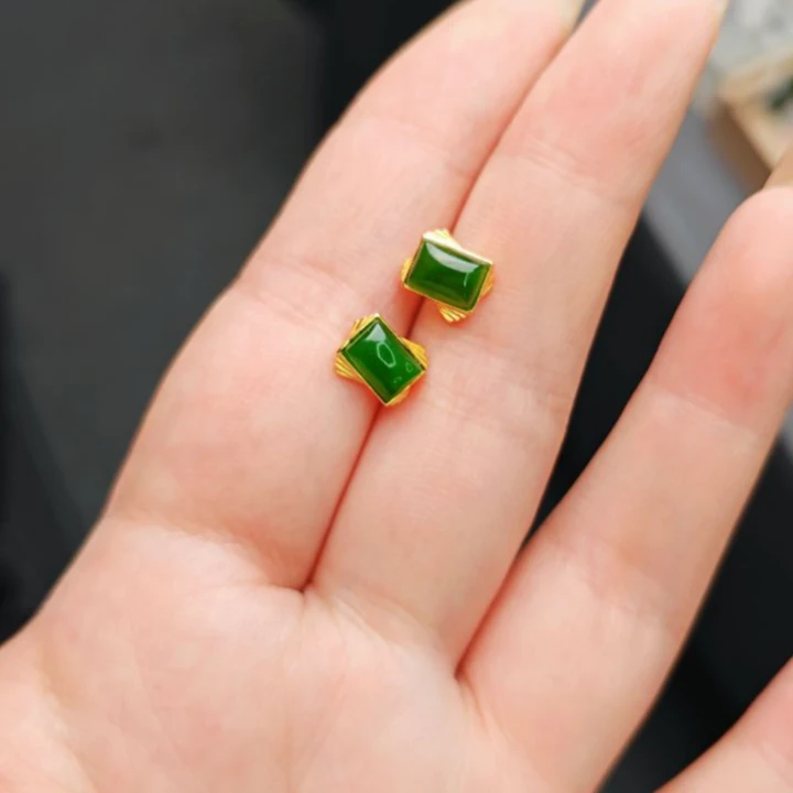 【十一臻选】S925银天然和田玉碧玉方形耳钉   时尚大气款  xw