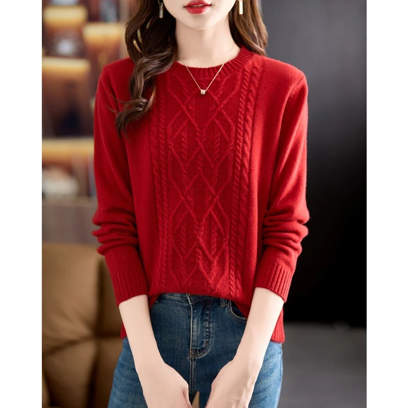 （100%羊毛衫）双股26支羊毛衫女冬季菱格绞花软糯保暖毛衣打底衫