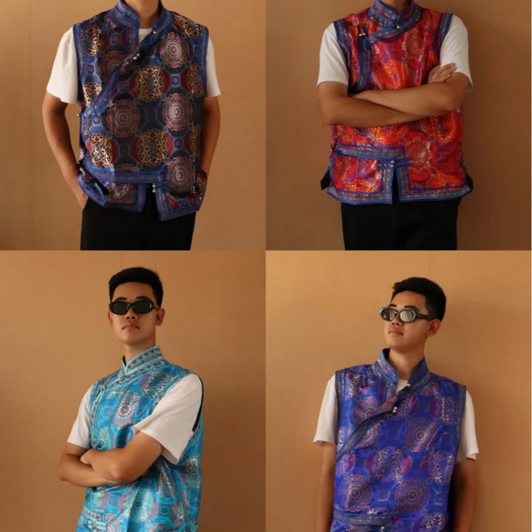 Adiyabrand男士蒙古族男款缎面马夹坎肩背心