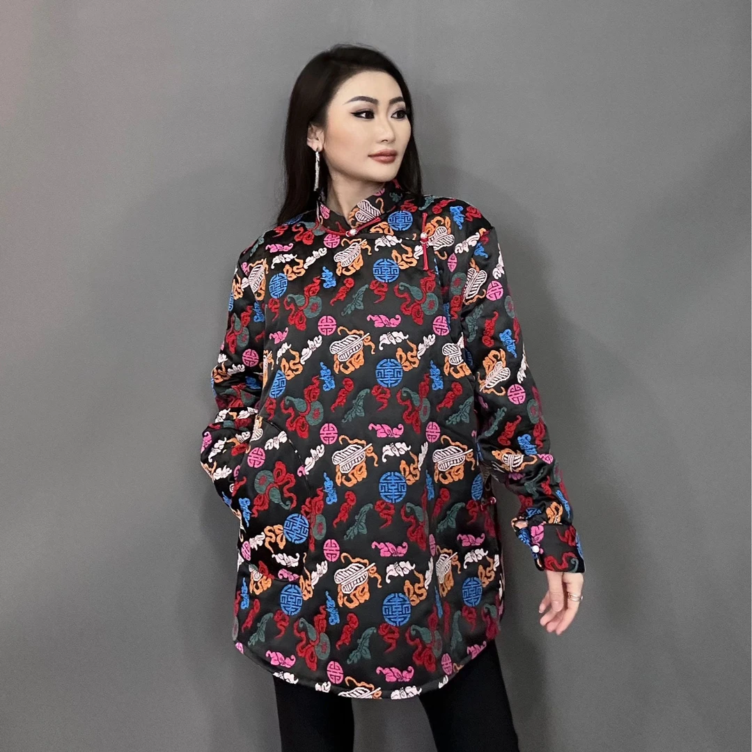 Adiya brand黑底五彩撞色宽松版型秋冬蒙古元素斜襟衬衣外套