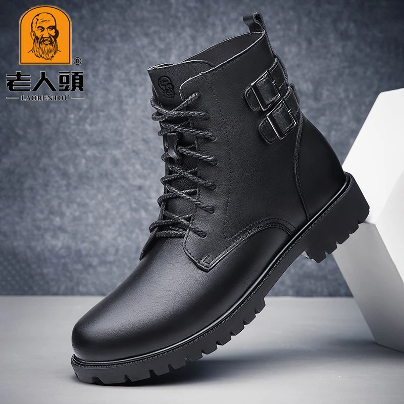 老人头秋冬季新款加绒保暖高帮马丁靴男士英伦风休闲工装靴子男鞋