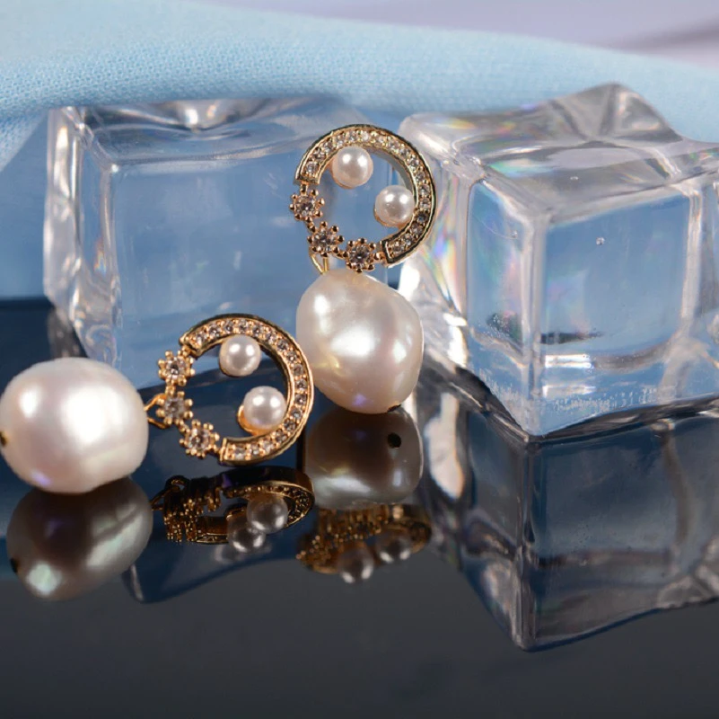 铜合金耳饰 天然巴洛克真珠高雅复古个性潮流14k包金锆石耳钉