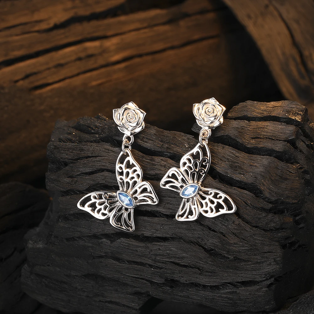 925银合成锆石耳饰 通体925纯银蓝色锆石耳饰花朵蝴蝶简约原创