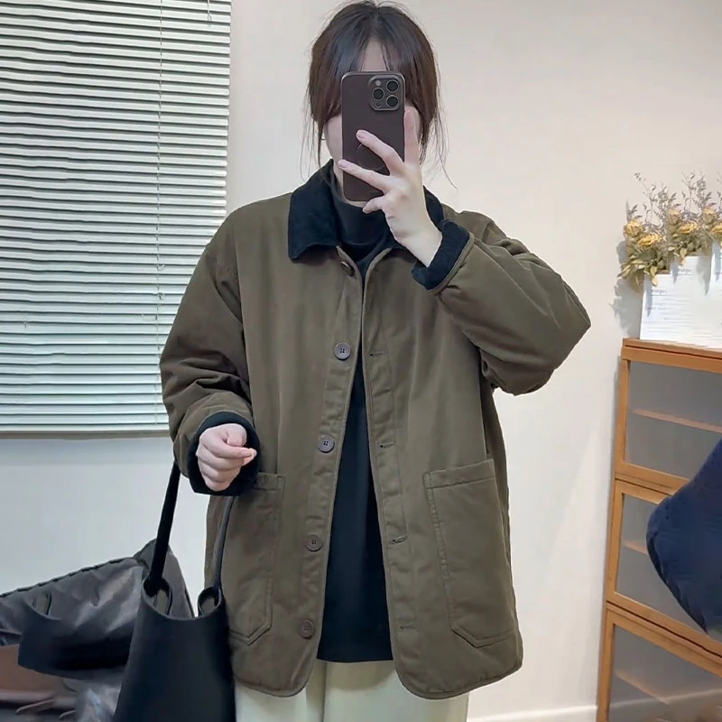 复古单排扣长袖棉服外套女冬季时尚休闲通勤风大口袋撞色翻领棉衣