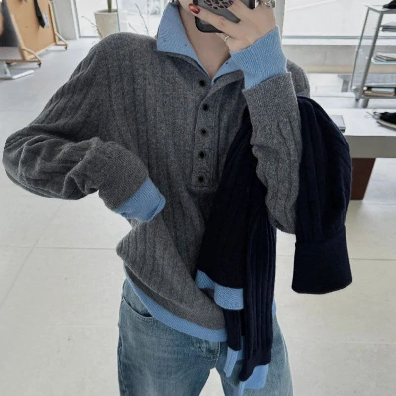 高级感拼接显瘦半开扣毛衣女春秋内搭减龄坑条立领假两件针织毛衫