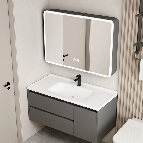 高级灰新款圆弧大抽屉浴室柜组合加厚铝合金卫生间陶瓷一体洗脸盆