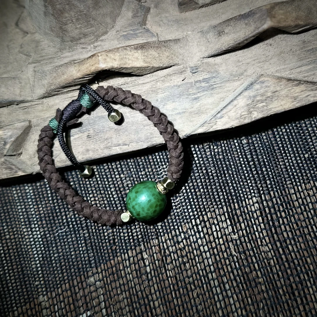 合金琉璃手链 YS8066 千年古珠老物件绿色琉璃单珠编绳